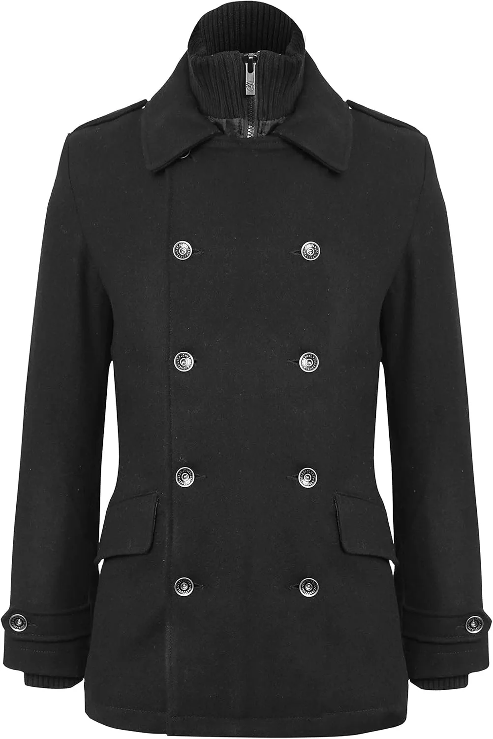 Hat and Beyond Mens Beau Wool Blend Jacket Classic Double Breasted Pea Coat Ribbed Knit Zipper Bib