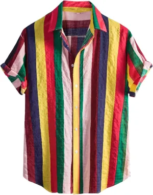 Hawaiian Shirt for Men, Regular Fit Hawaiian Shirts Men's Striped Short Sleeve Regular Fit Poplin Button Down Shirts