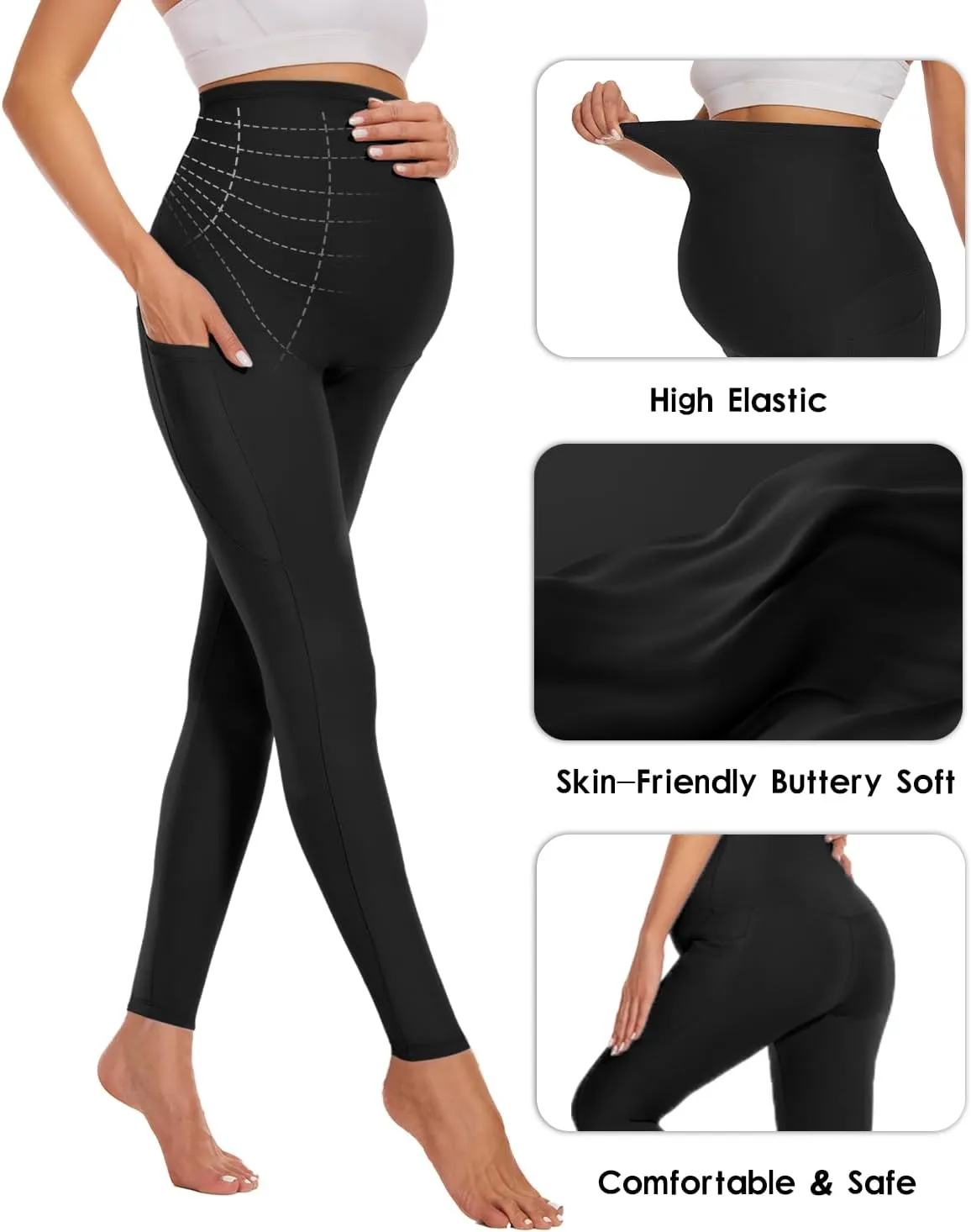 Hi Clasmix 3 Pack Maternity Capri Leggings with Pockets-Buttery Soft Workout Pregnancy Yoga Pants