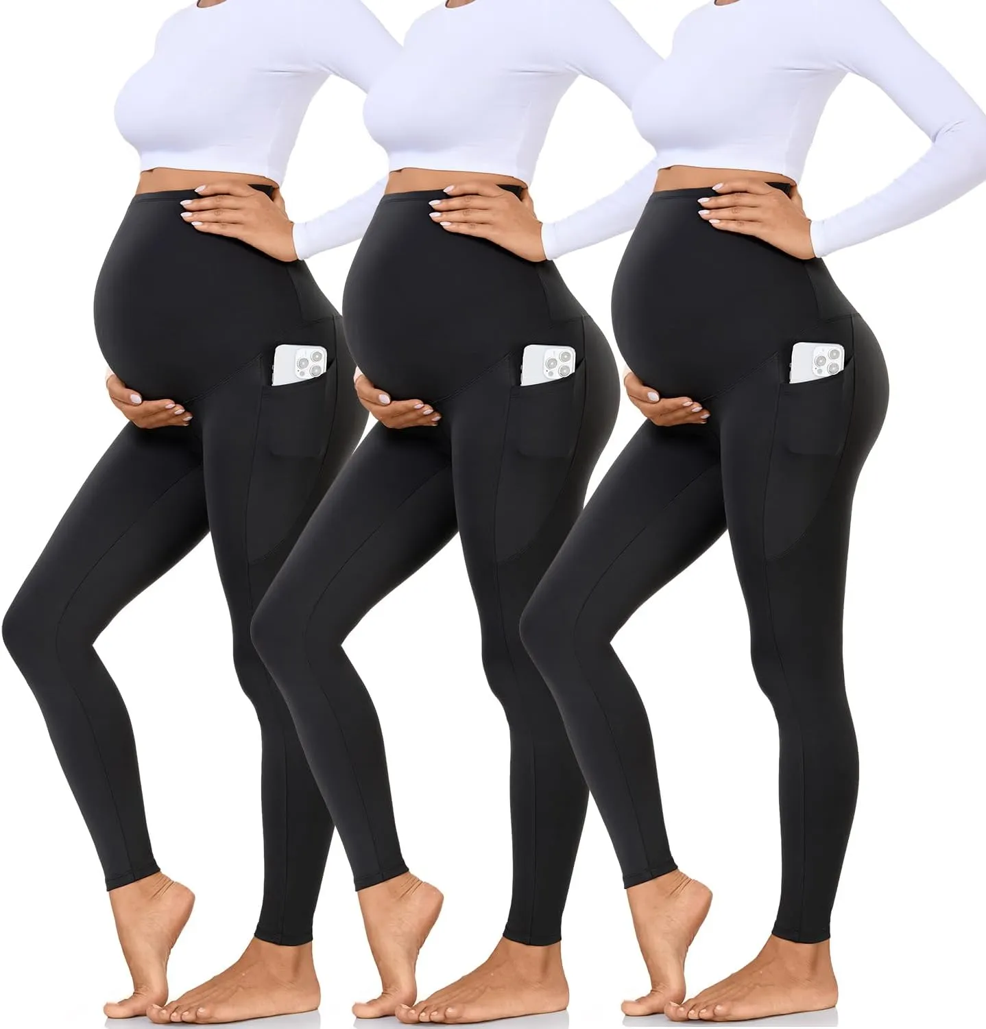 Hi Clasmix 3 Pack Maternity Capri Leggings with Pockets-Buttery Soft Workout Pregnancy Yoga Pants