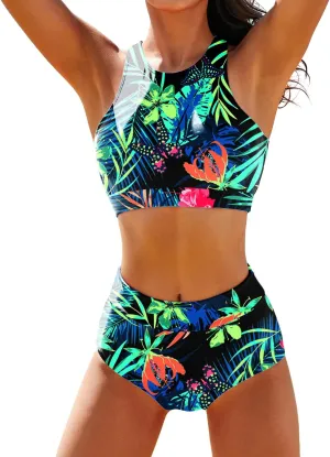 High Waisted Bikinis for Women High Neck Sporty Racerback Crop Top Swimsuit High Cut Two Piece Bathing Suit XS-XXL