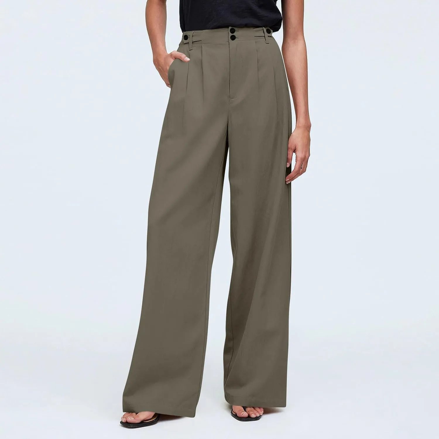High Waisted Business Casual Pants for Women Office Wide Leg Work Trousers Pull On Slacks Button Down Pleated Pants