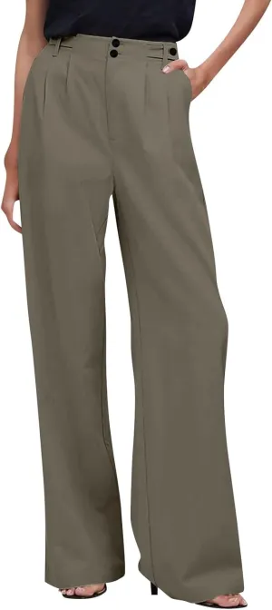 High Waisted Business Casual Pants for Women Office Wide Leg Work Trousers Pull On Slacks Button Down Pleated Pants