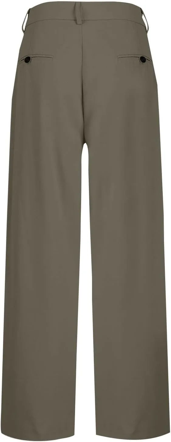 High Waisted Business Casual Pants for Women Office Wide Leg Work Trousers Pull On Slacks Button Down Pleated Pants