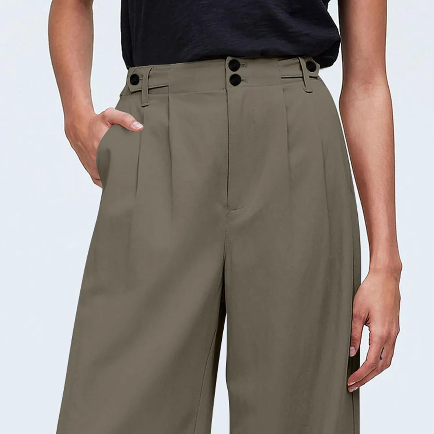 High Waisted Business Casual Pants for Women Office Wide Leg Work Trousers Pull On Slacks Button Down Pleated Pants
