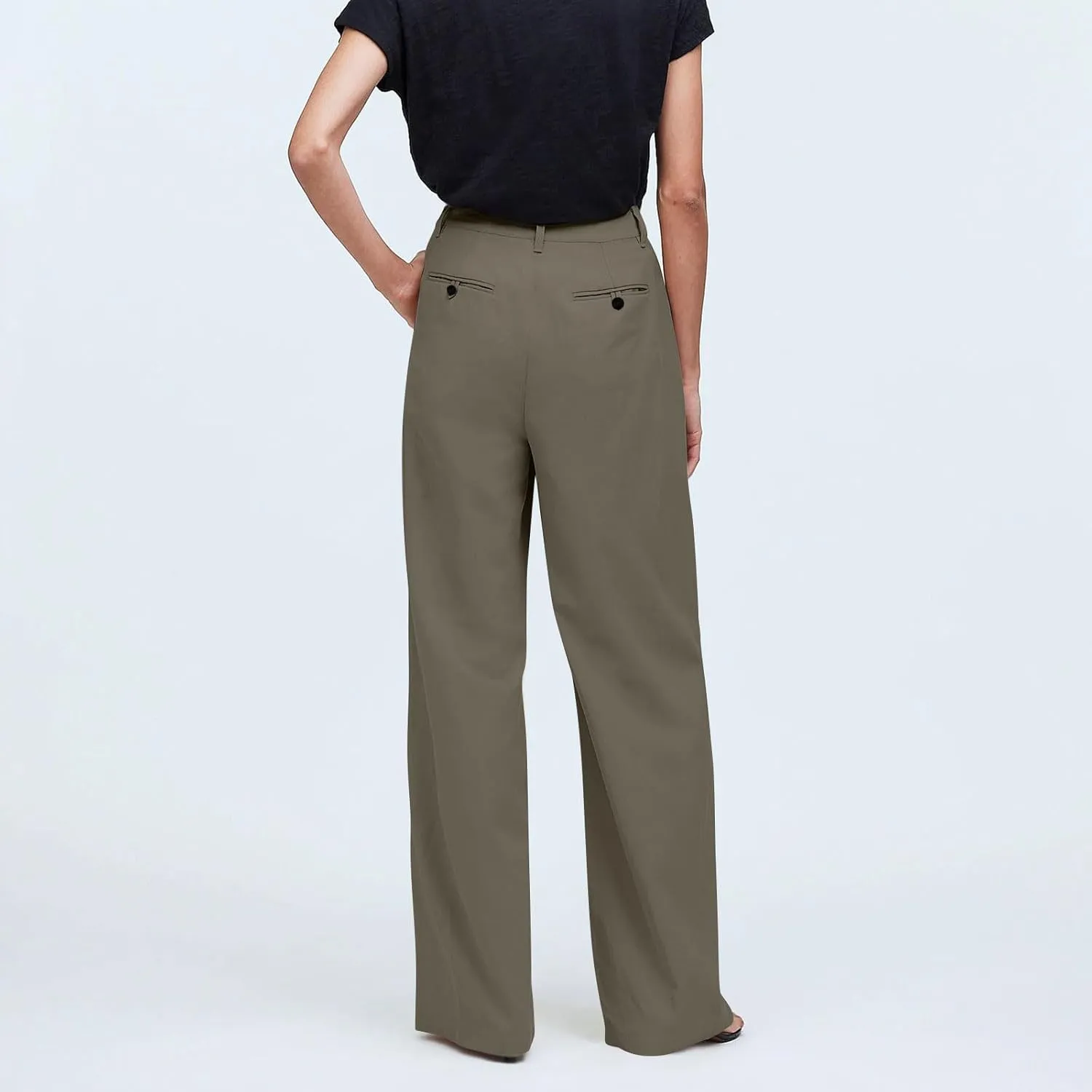 High Waisted Business Casual Pants for Women Office Wide Leg Work Trousers Pull On Slacks Button Down Pleated Pants