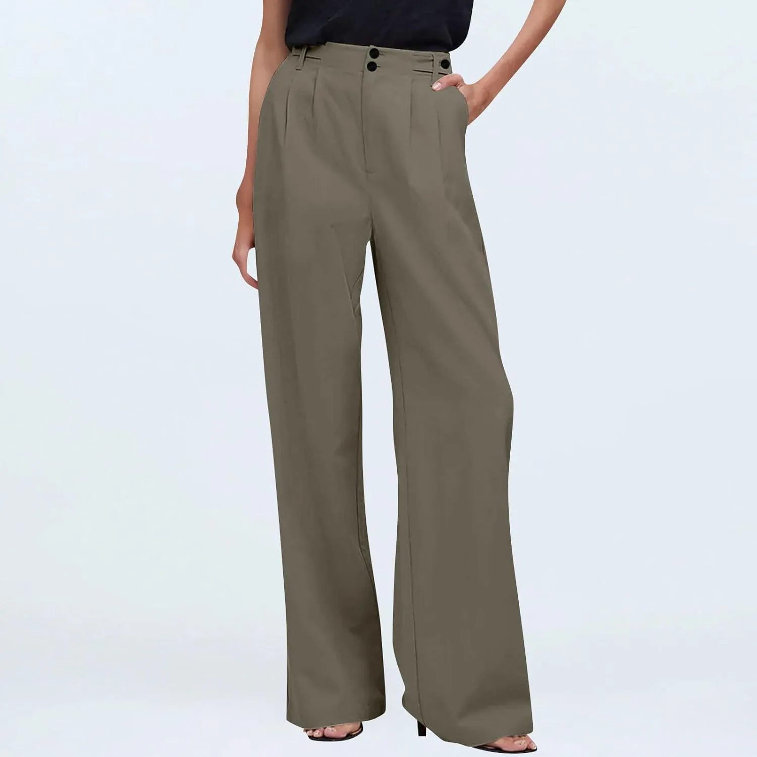High Waisted Business Casual Pants for Women Office Wide Leg Work Trousers Pull On Slacks Button Down Pleated Pants