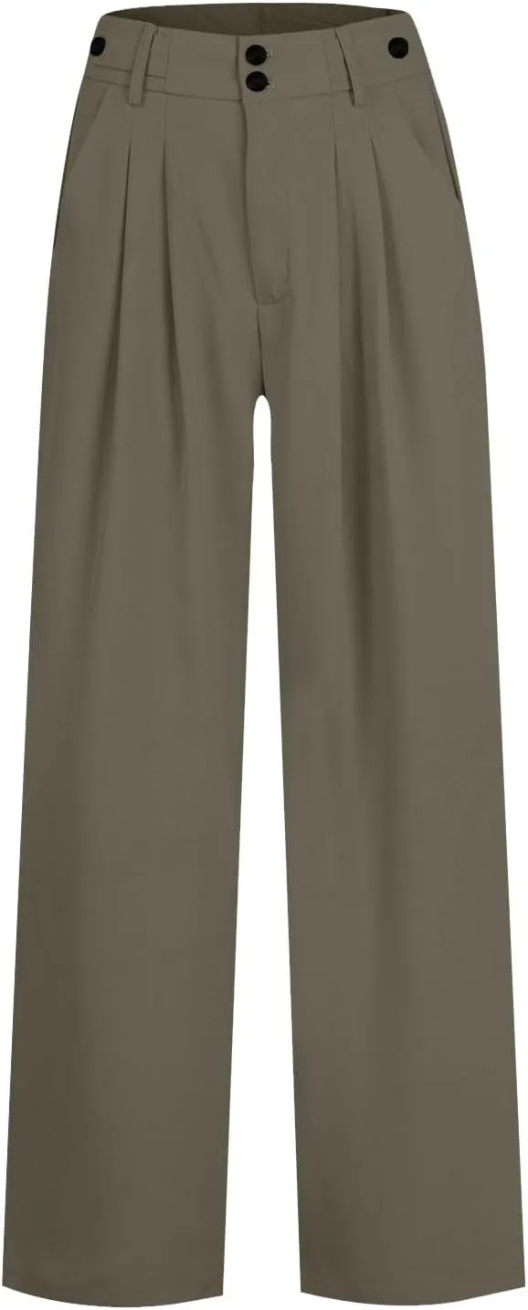 High Waisted Business Casual Pants for Women Office Wide Leg Work Trousers Pull On Slacks Button Down Pleated Pants