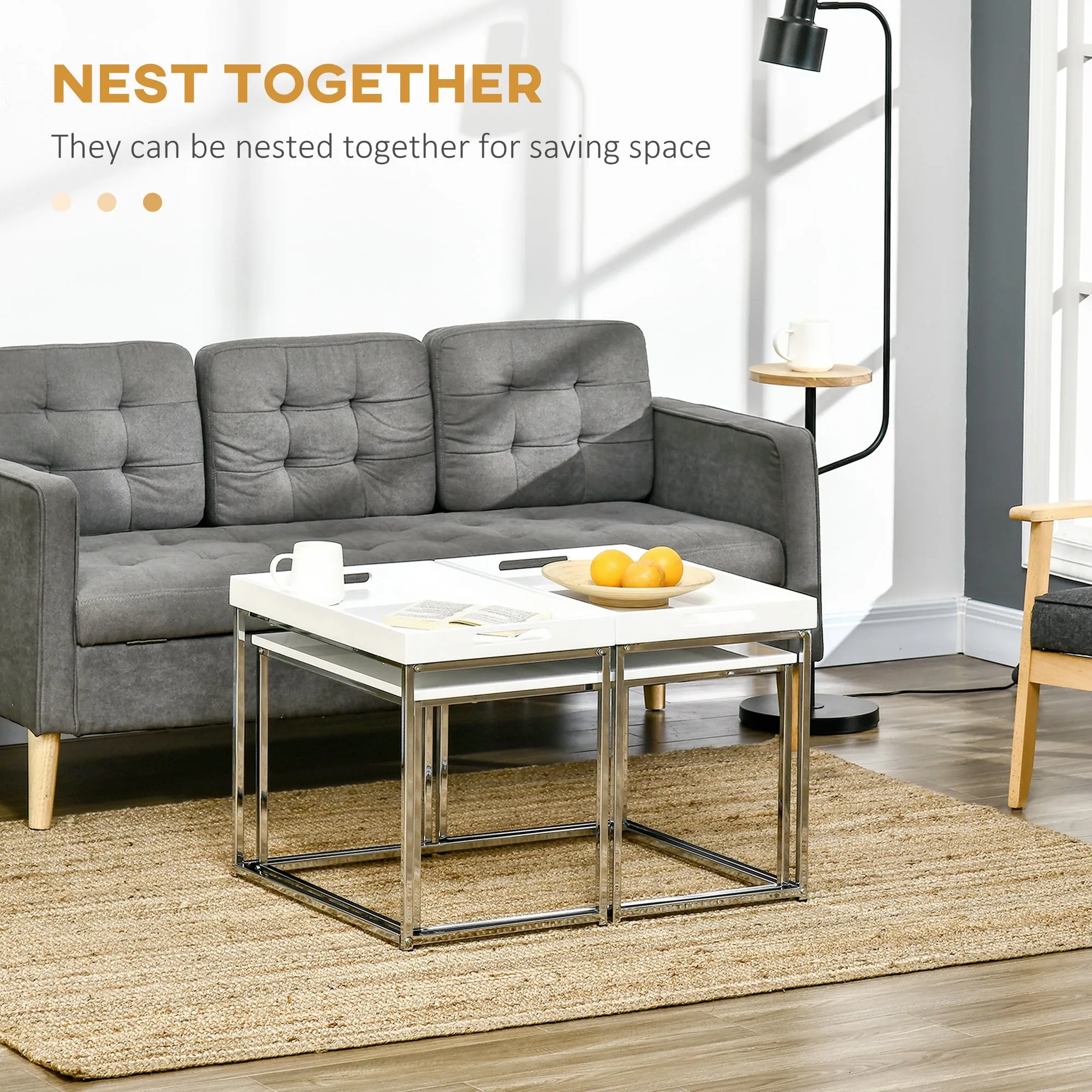 HOMCOM Coffee Table Set of 3 W/ Steel Frame, High Gloss Nest of Tables, White