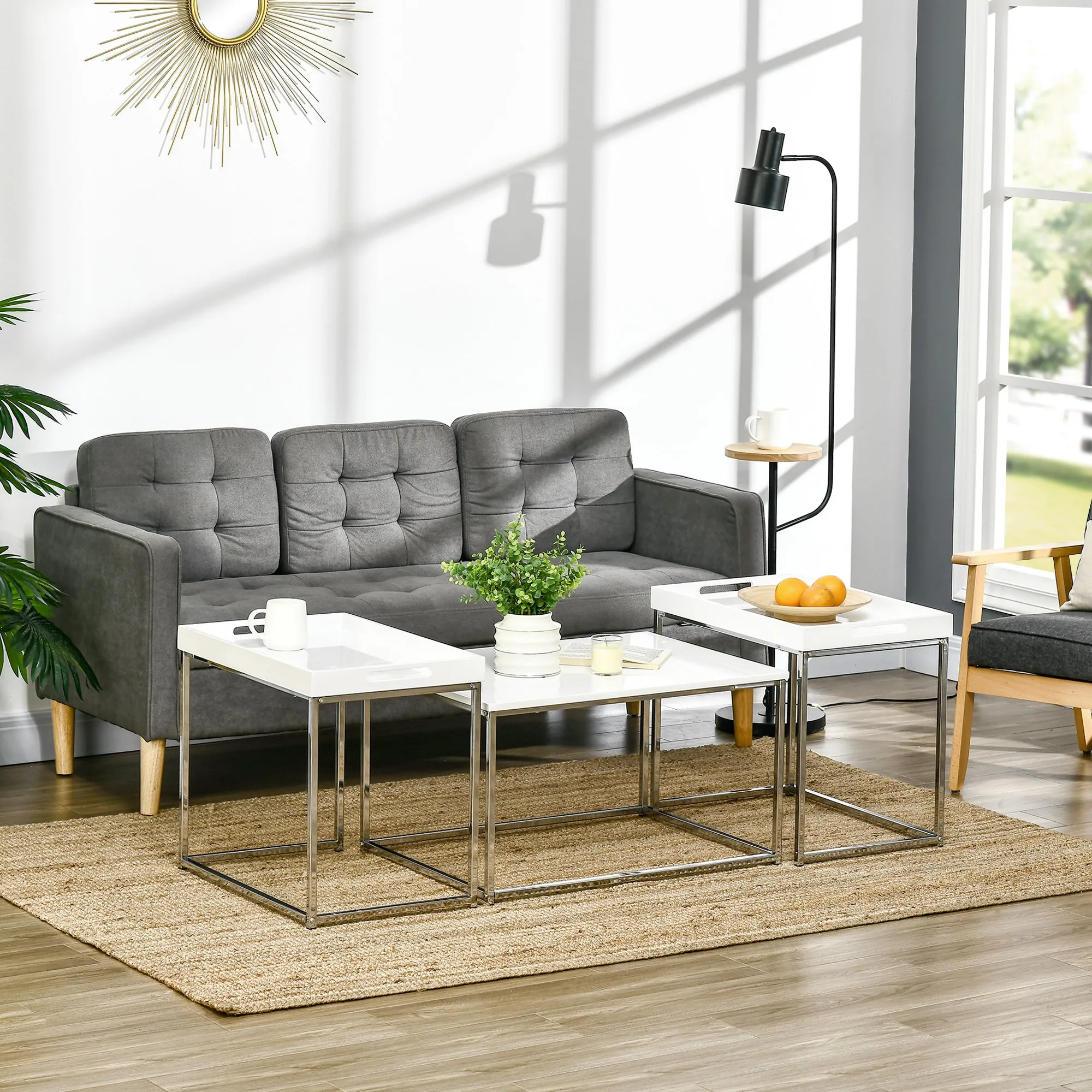 HOMCOM Coffee Table Set of 3 W/ Steel Frame, High Gloss Nest of Tables, White