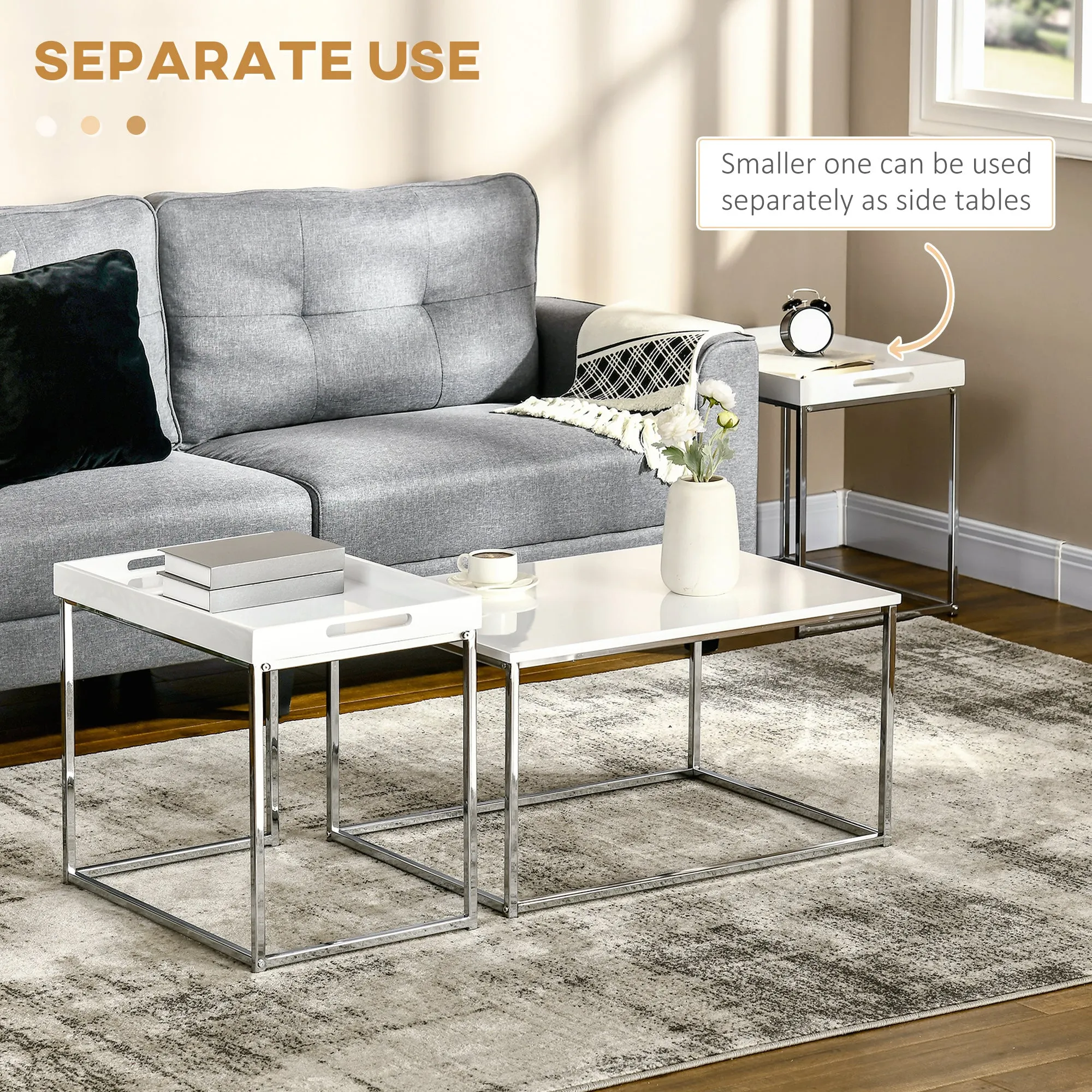 HOMCOM Coffee Table Set of 3 W/ Steel Frame, High Gloss Nest of Tables, White