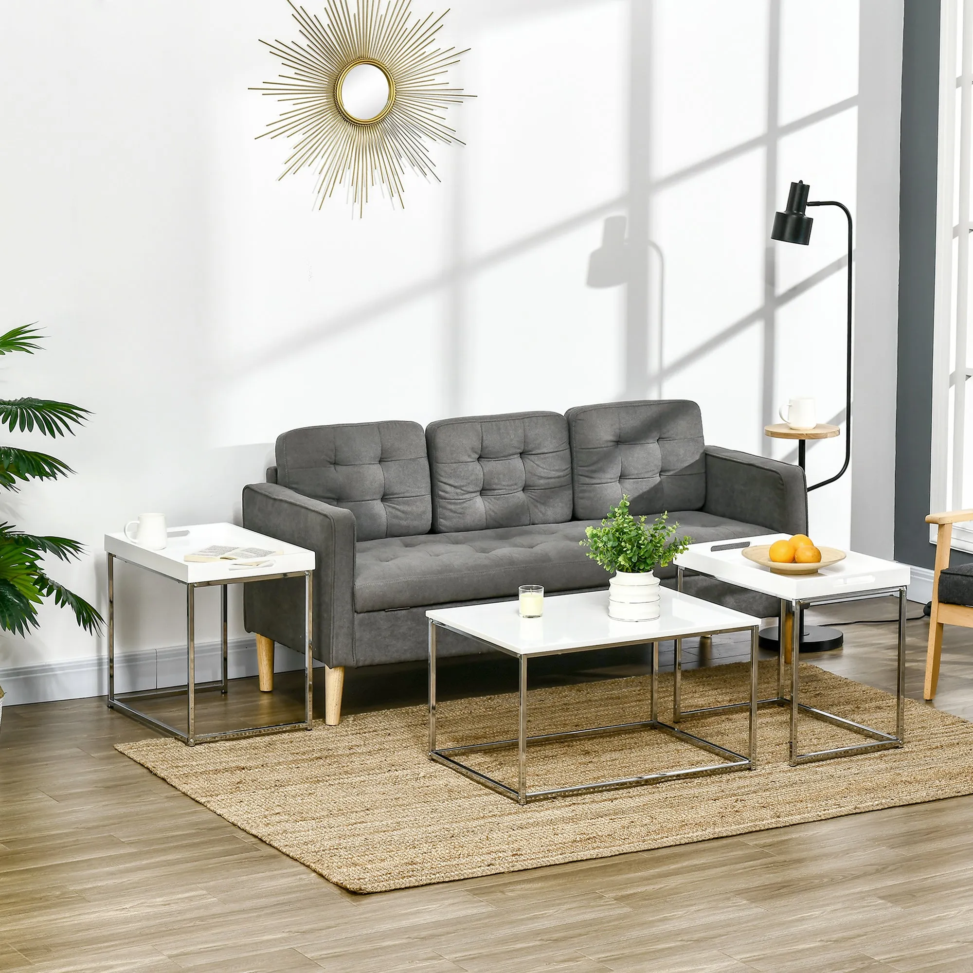 HOMCOM Coffee Table Set of 3 W/ Steel Frame, High Gloss Nest of Tables, White