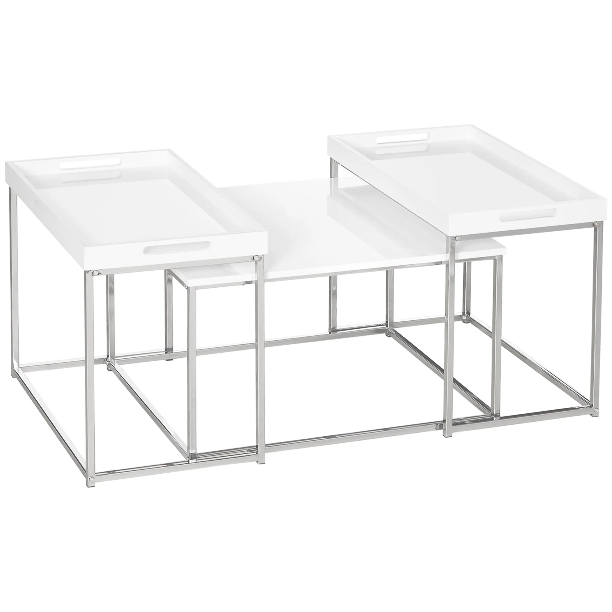 HOMCOM Coffee Table Set of 3 W/ Steel Frame, High Gloss Nest of Tables, White
