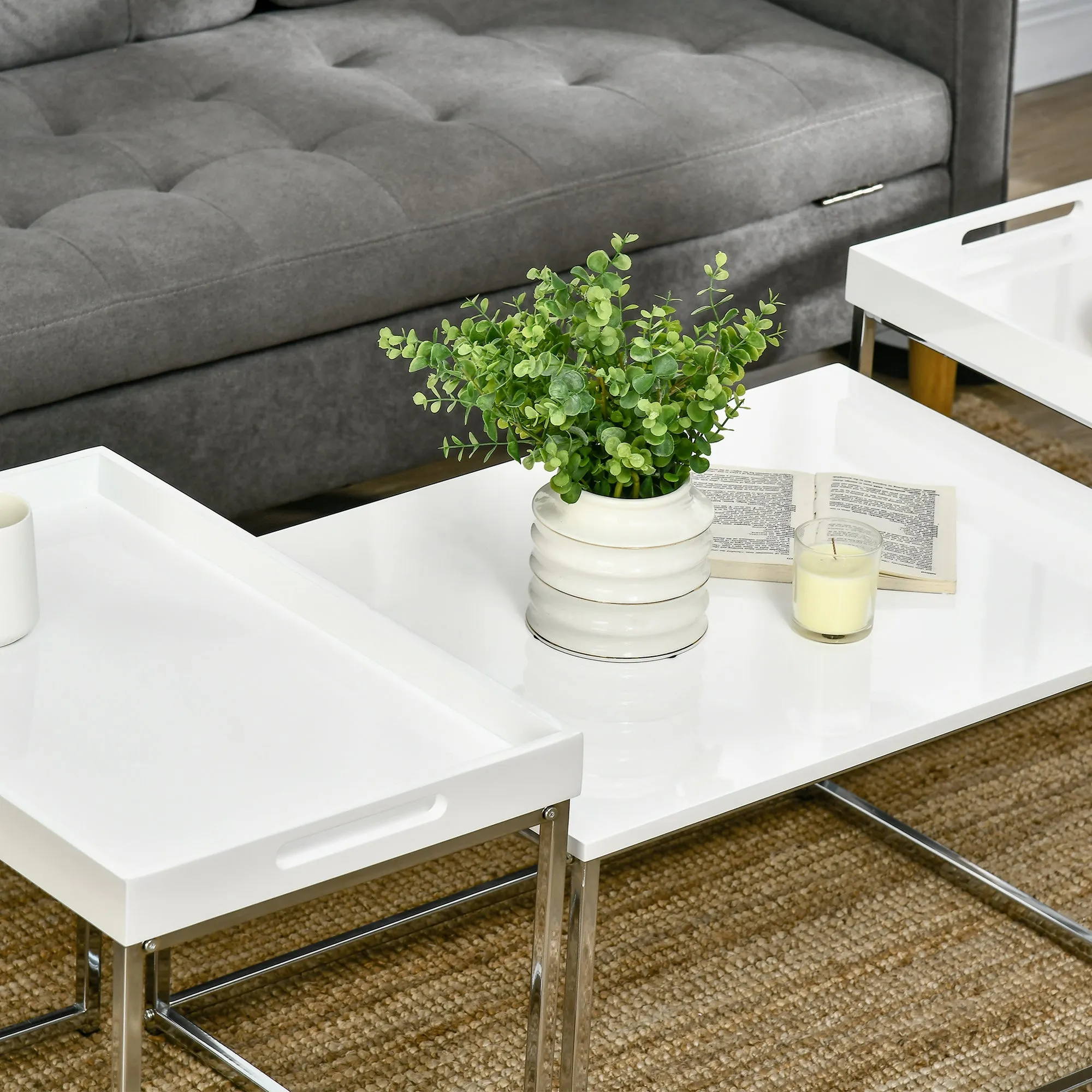 HOMCOM Coffee Table Set of 3 W/ Steel Frame, High Gloss Nest of Tables, White