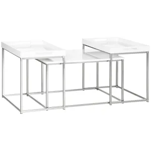 HOMCOM Coffee Table Set of 3 W/ Steel Frame, High Gloss Nest of Tables, White