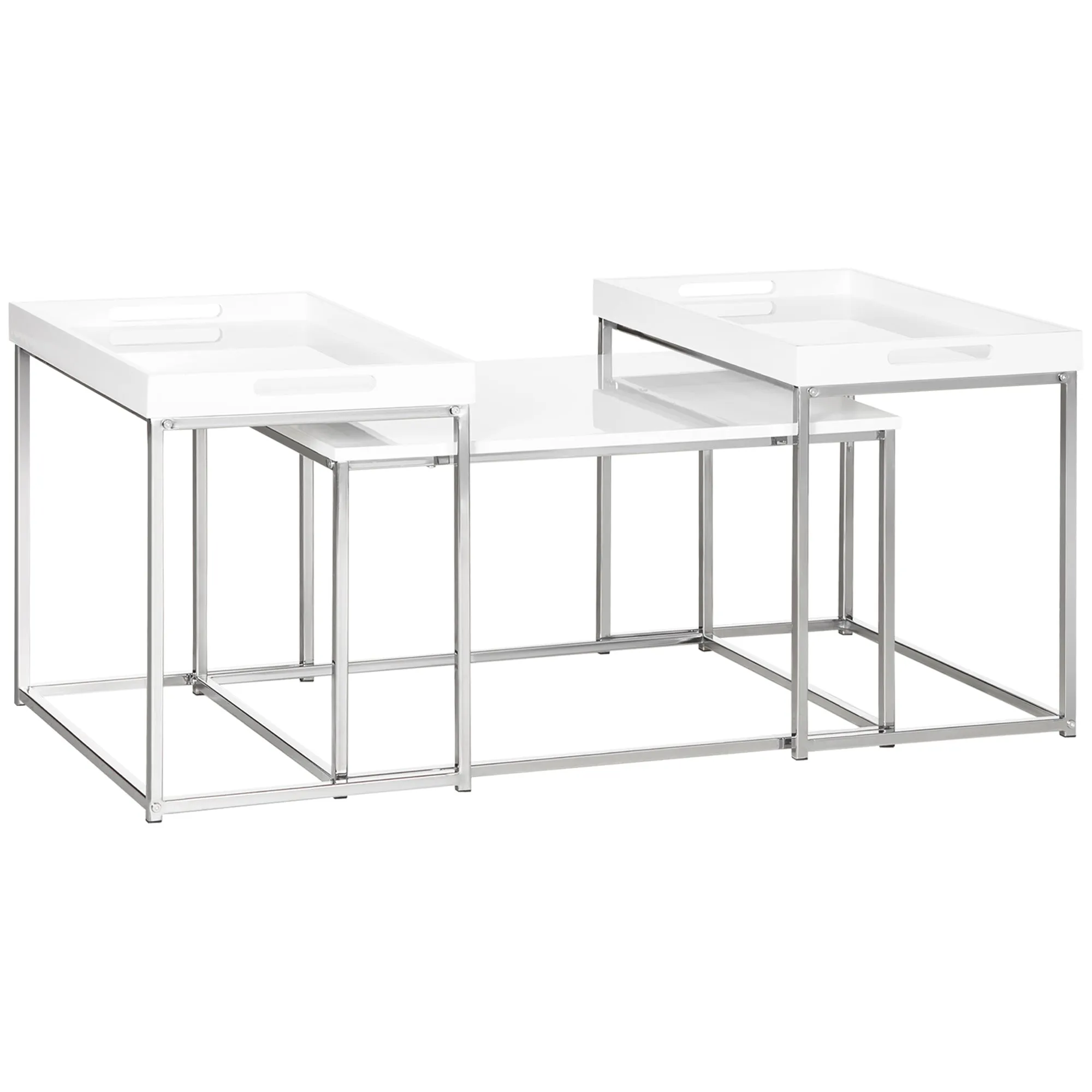 HOMCOM Coffee Table Set of 3 W/ Steel Frame, High Gloss Nest of Tables, White