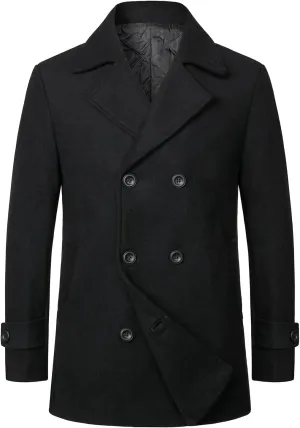 HOOD CREW Mens Classic Double Breasted Wool Blend Pea Coat Notched Lapel Trench Coat Casual Overcoat