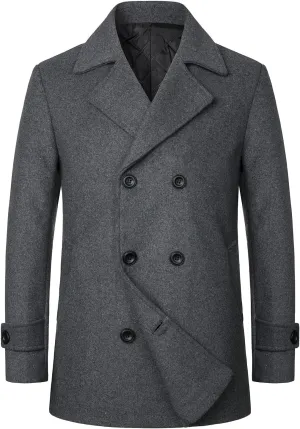 HOOD CREW Mens Classic Double Breasted Wool Blend Pea Coat Notched Lapel Trench Coat Casual Overcoat