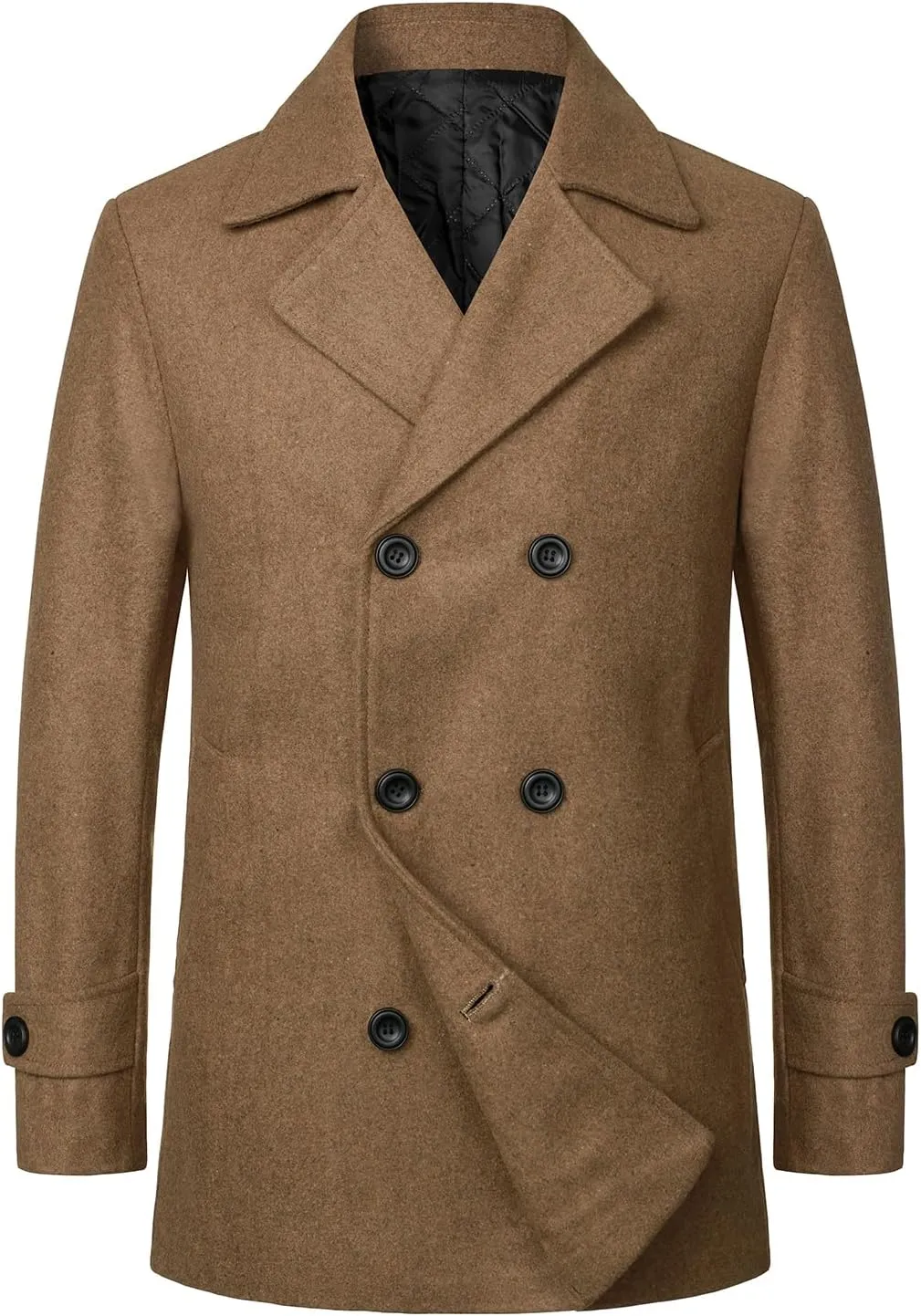 HOOD CREW Mens Classic Double Breasted Wool Blend Pea Coat Notched Lapel Trench Coat Casual Overcoat