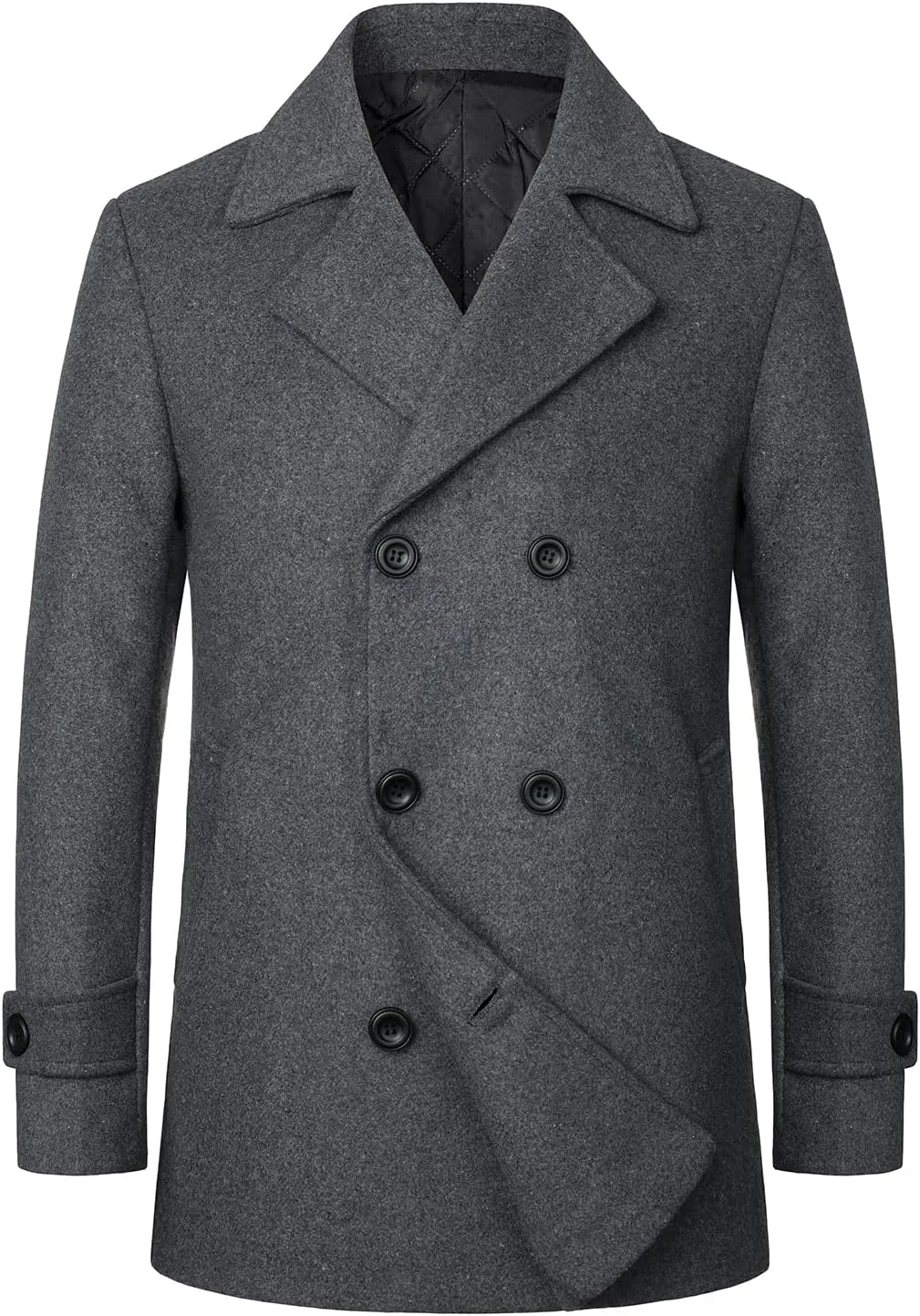 HOOD CREW Mens Classic Double Breasted Wool Blend Pea Coat Notched Lapel Trench Coat Casual Overcoat