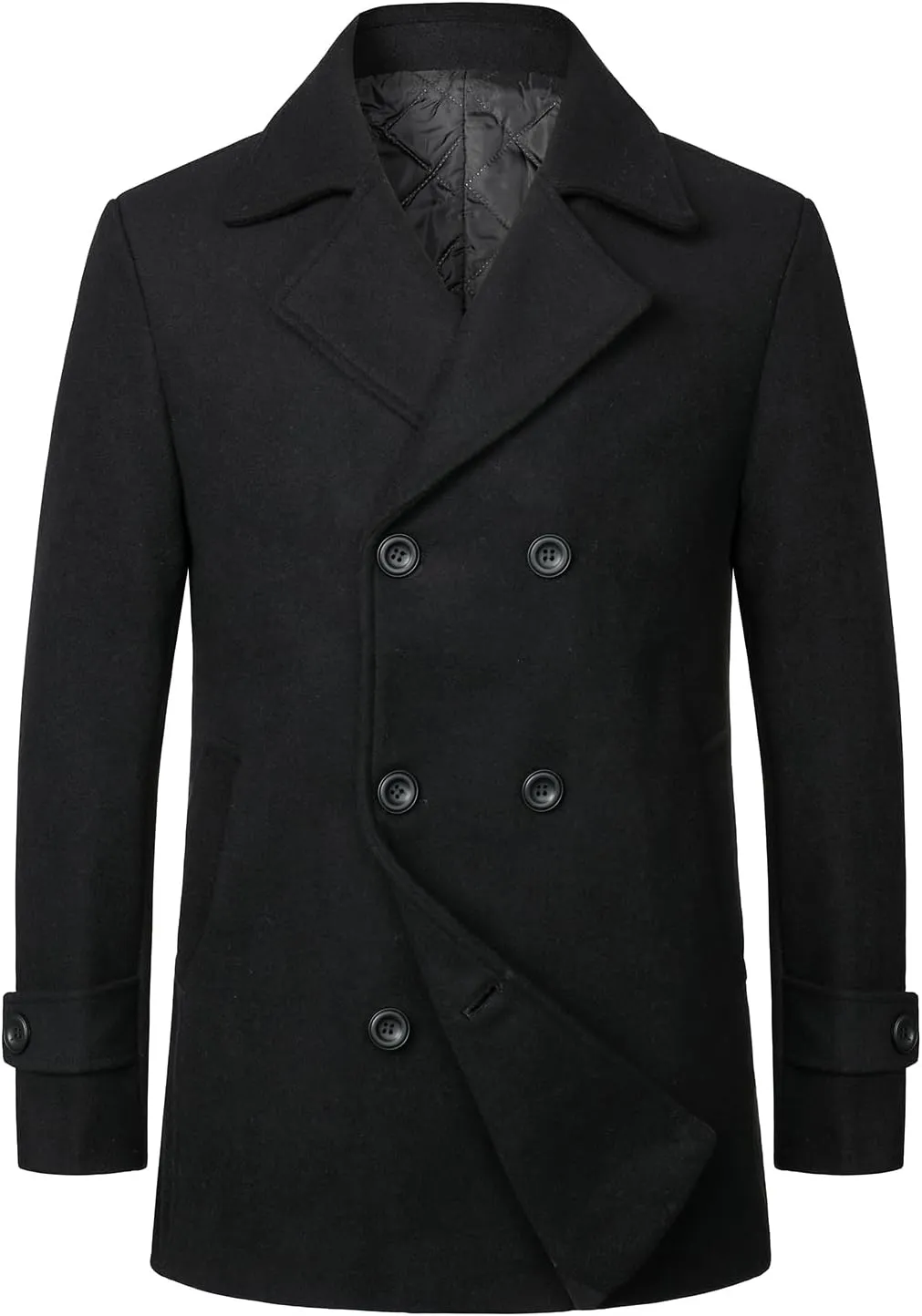HOOD CREW Mens Classic Double Breasted Wool Blend Pea Coat Notched Lapel Trench Coat Casual Overcoat