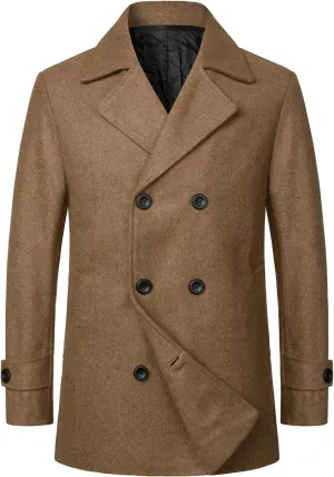 HOOD CREW Mens Classic Double Breasted Wool Blend Pea Coat Notched Lapel Trench Coat Casual Overcoat