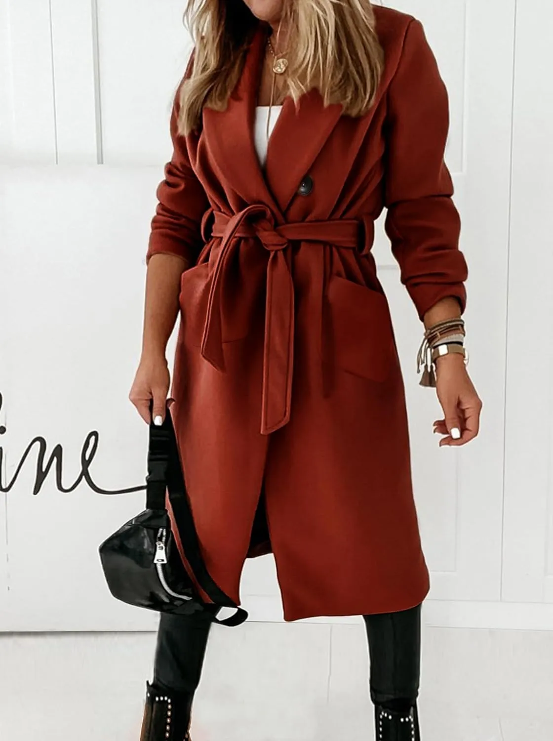 Hooever Women's Double Breasted Wool Blend Coat Winter Notched Lapel Belted Peacoat Mid Long Jacket