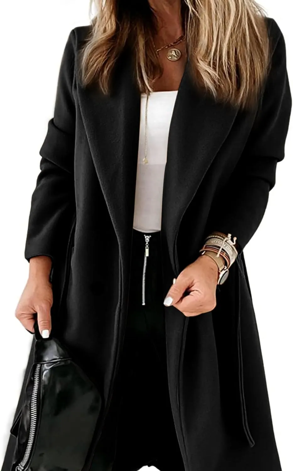 Hooever Women's Double Breasted Wool Blend Coat Winter Notched Lapel Belted Peacoat Mid Long Jacket