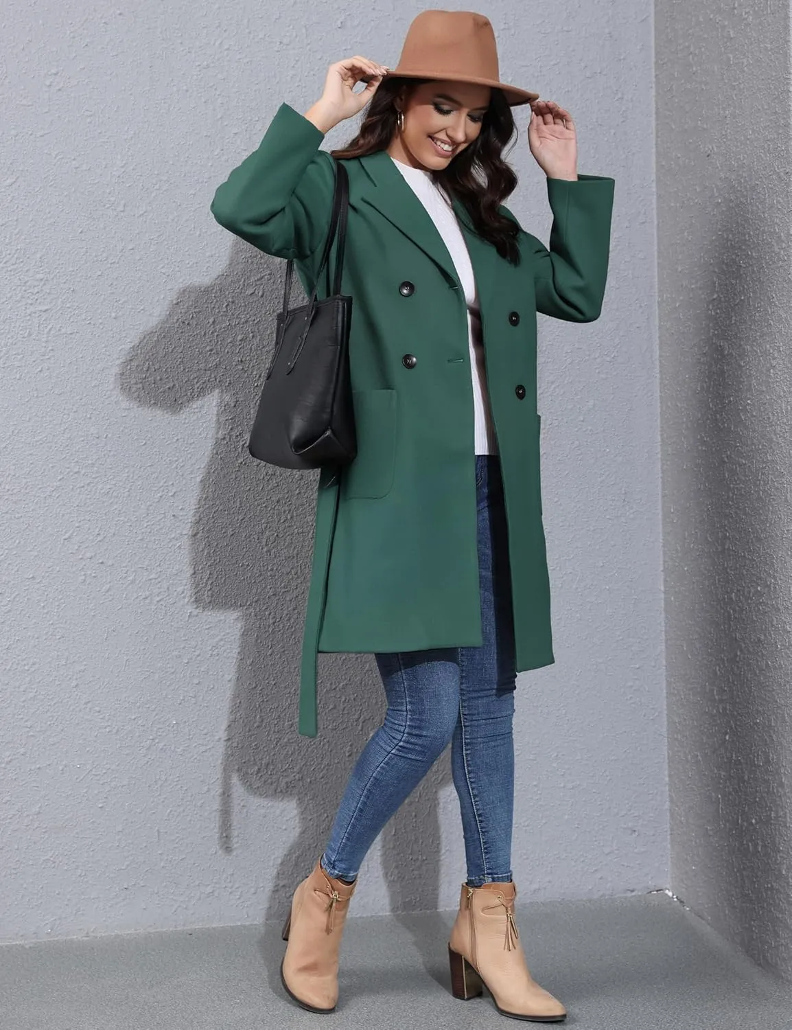 Hooever Women's Double Breasted Wool Blend Coat Winter Notched Lapel Belted Peacoat Mid Long Jacket