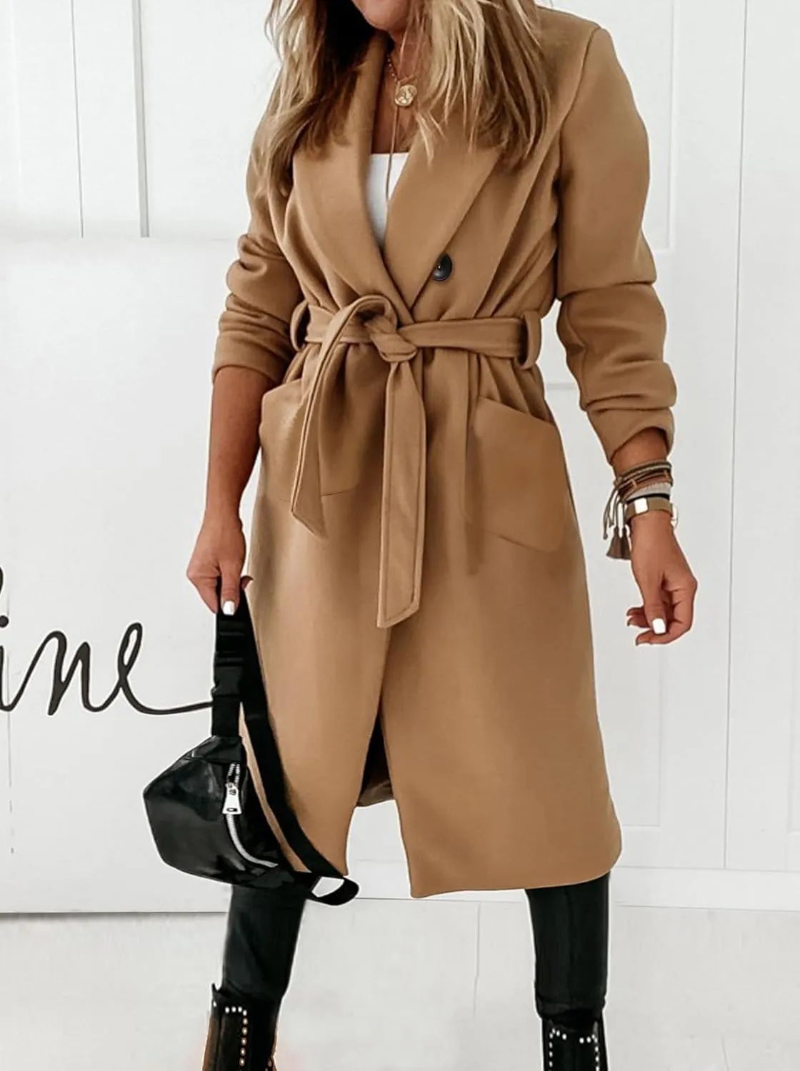 Hooever Women's Double Breasted Wool Blend Coat Winter Notched Lapel Belted Peacoat Mid Long Jacket