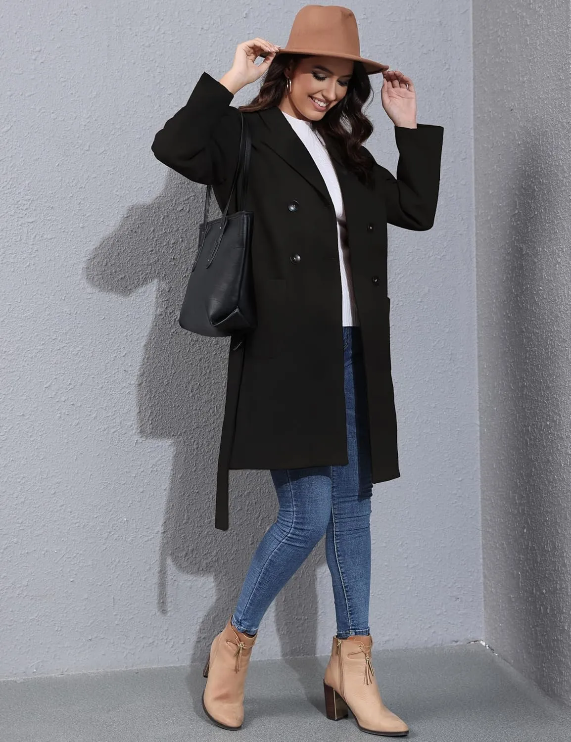 Hooever Women's Double Breasted Wool Blend Coat Winter Notched Lapel Belted Peacoat Mid Long Jacket