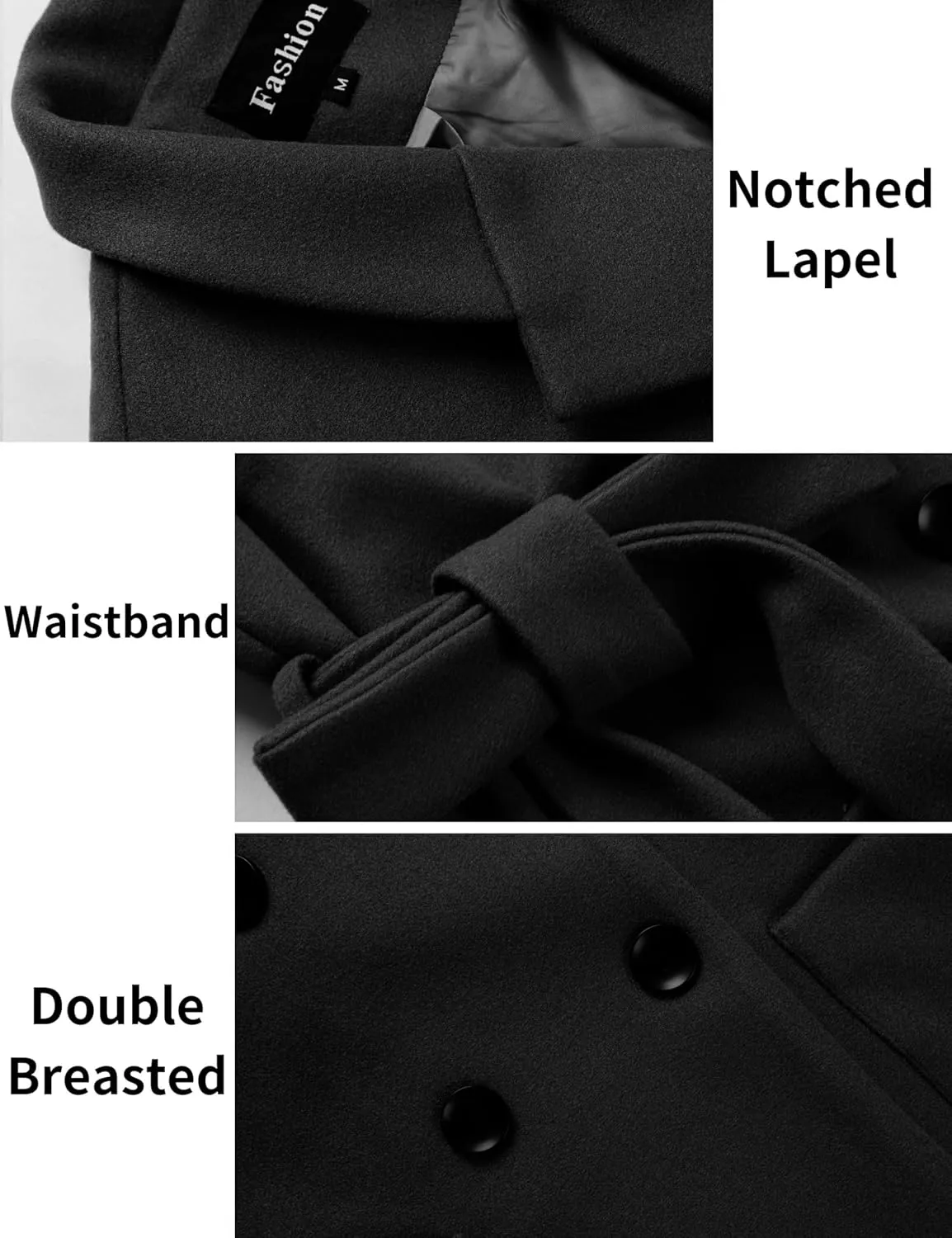 Hooever Women's Double Breasted Wool Blend Coat Winter Notched Lapel Belted Peacoat Mid Long Jacket