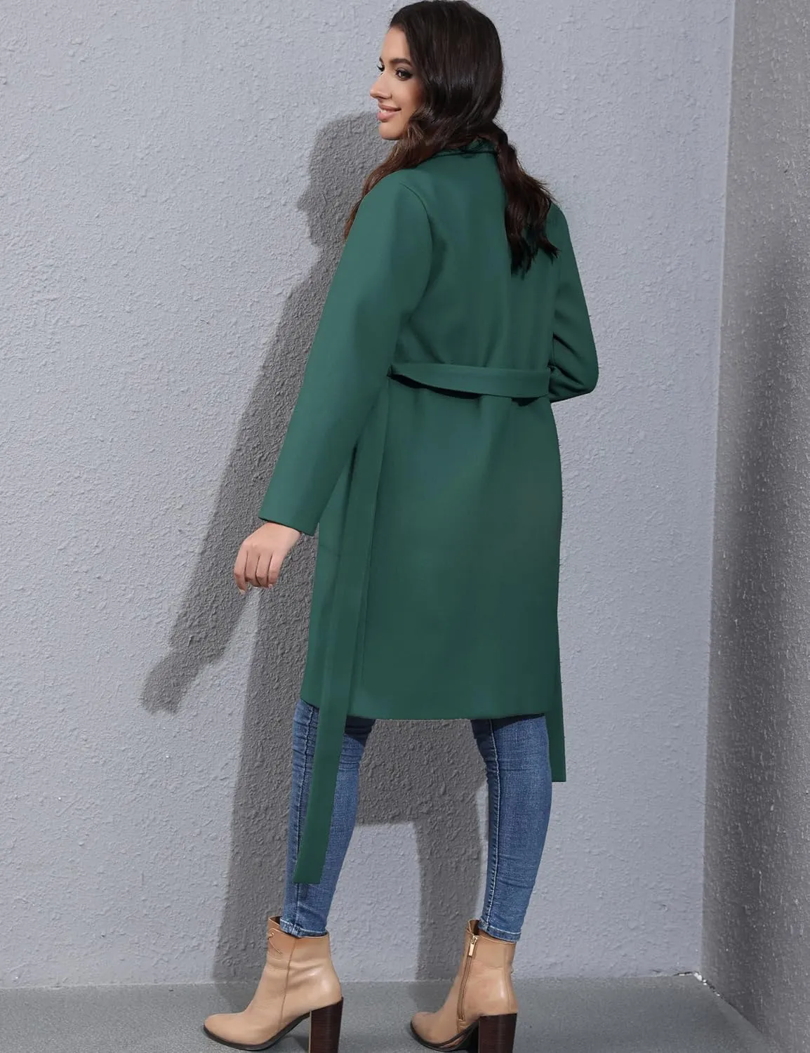 Hooever Women's Double Breasted Wool Blend Coat Winter Notched Lapel Belted Peacoat Mid Long Jacket