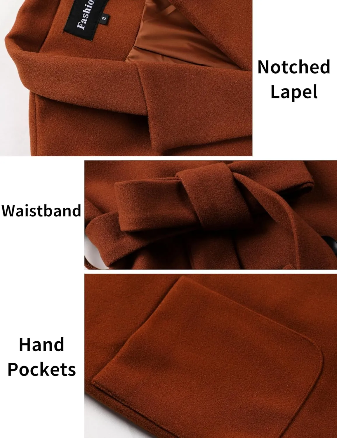 Hooever Women's Double Breasted Wool Blend Coat Winter Notched Lapel Belted Peacoat Mid Long Jacket