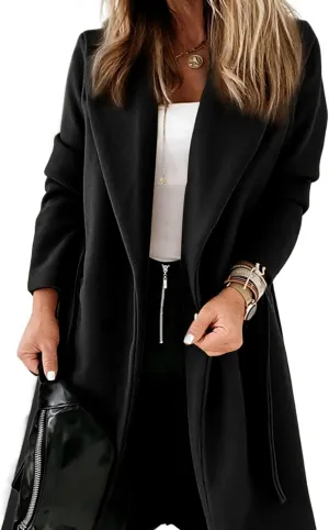 Hooever Women's Double Breasted Wool Blend Coat Winter Notched Lapel Belted Peacoat Mid Long Jacket