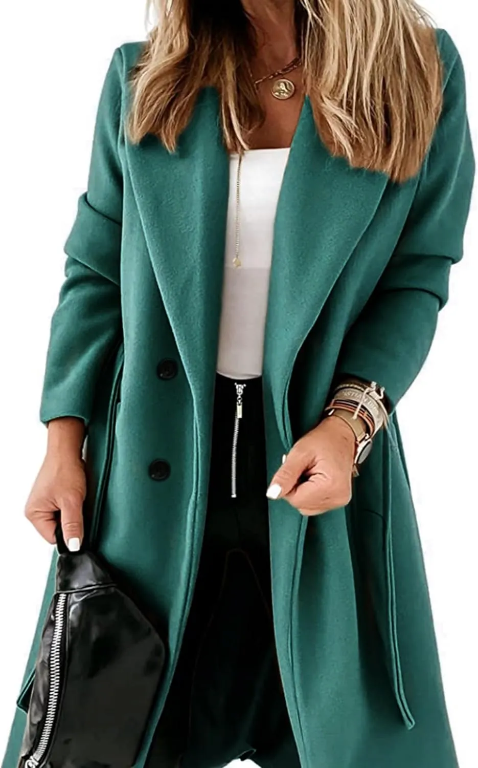 Hooever Women's Double Breasted Wool Blend Coat Winter Notched Lapel Belted Peacoat Mid Long Jacket