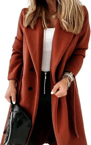 Hooever Women's Double Breasted Wool Blend Coat Winter Notched Lapel Belted Peacoat Mid Long Jacket