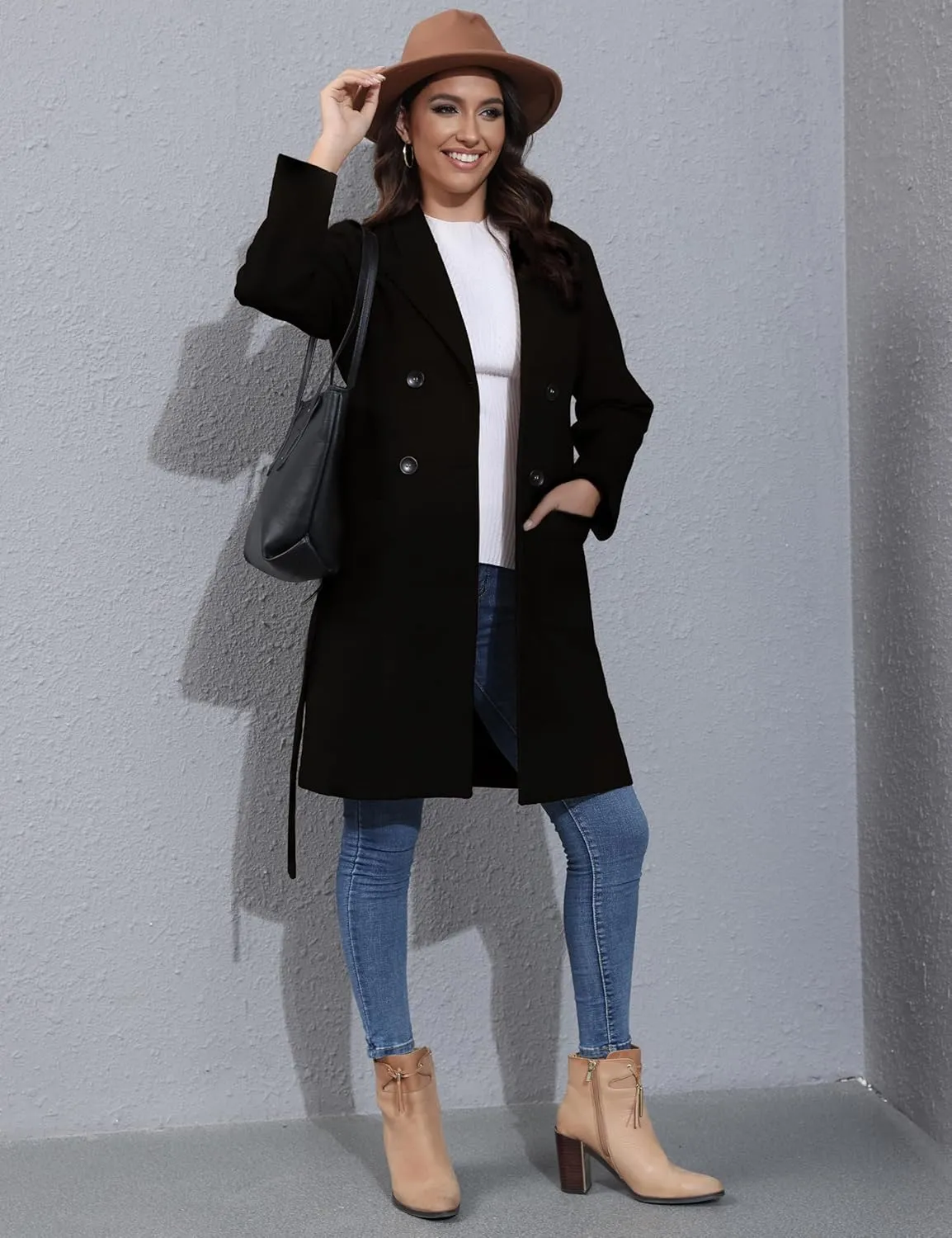 Hooever Women's Double Breasted Wool Blend Coat Winter Notched Lapel Belted Peacoat Mid Long Jacket