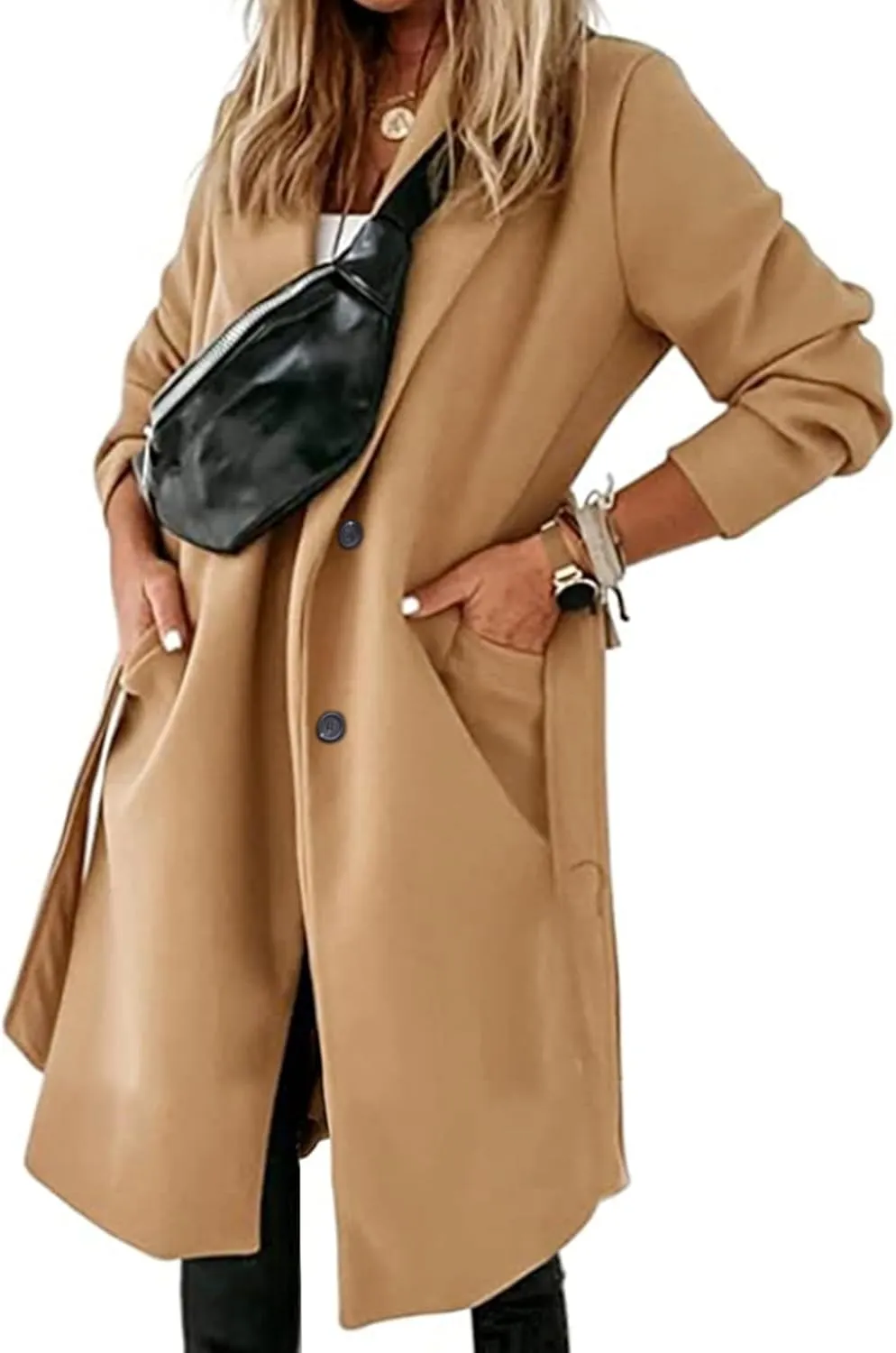Hooever Women's Double Breasted Wool Blend Coat Winter Notched Lapel Belted Peacoat Mid Long Jacket