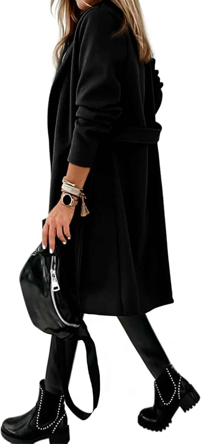 Hooever Women's Double Breasted Wool Blend Coat Winter Notched Lapel Belted Peacoat Mid Long Jacket