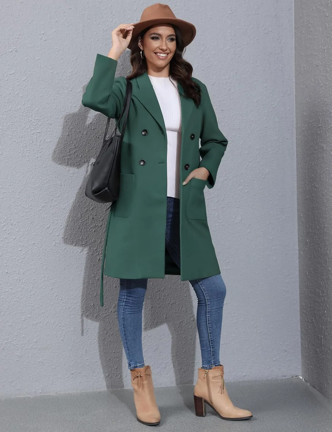 Hooever Women's Double Breasted Wool Blend Coat Winter Notched Lapel Belted Peacoat Mid Long Jacket