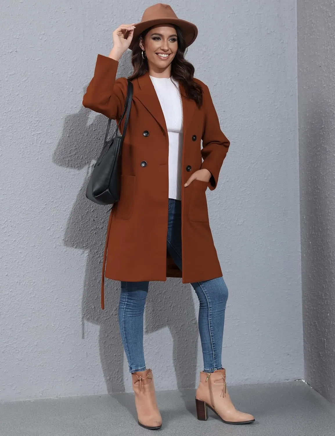 Hooever Women's Double Breasted Wool Blend Coat Winter Notched Lapel Belted Peacoat Mid Long Jacket