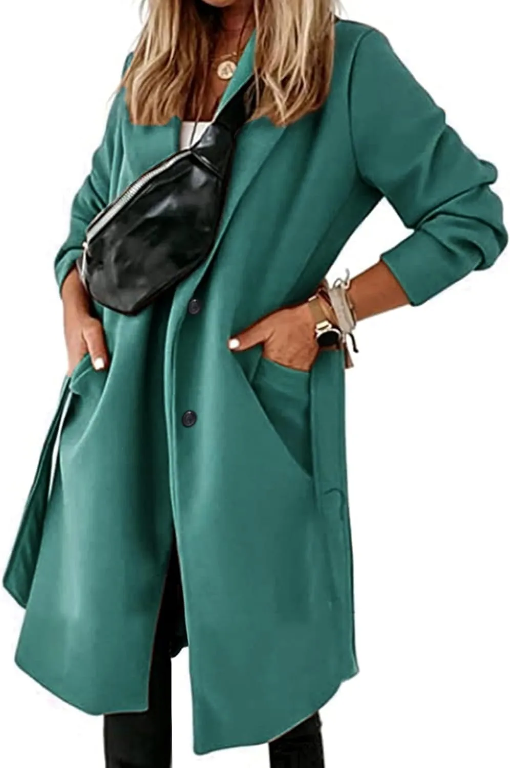 Hooever Women's Double Breasted Wool Blend Coat Winter Notched Lapel Belted Peacoat Mid Long Jacket