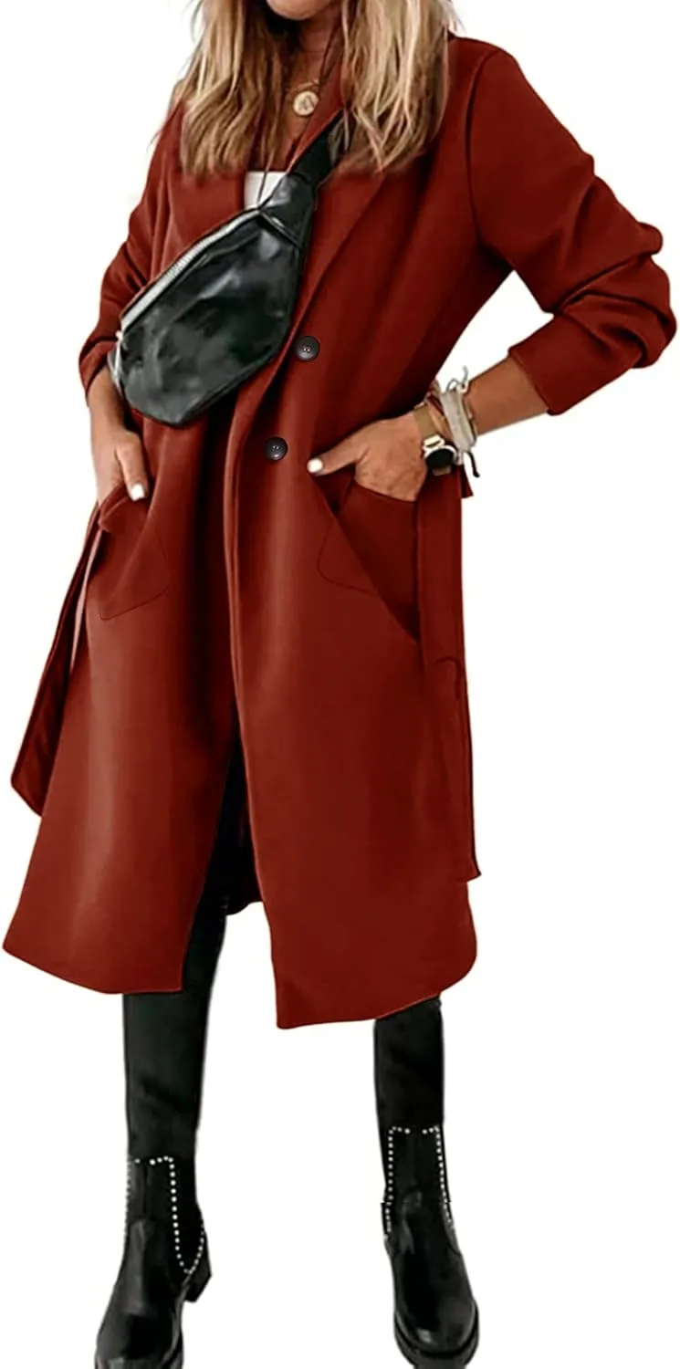 Hooever Women's Double Breasted Wool Blend Coat Winter Notched Lapel Belted Peacoat Mid Long Jacket