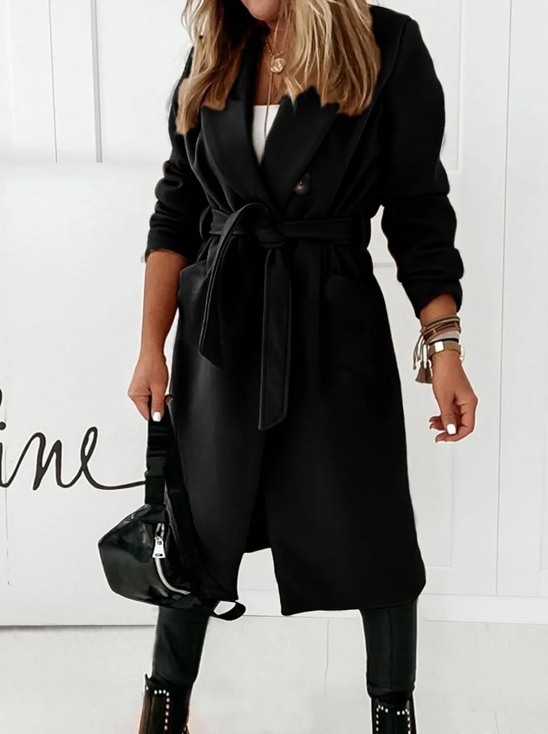 Hooever Women's Double Breasted Wool Blend Coat Winter Notched Lapel Belted Peacoat Mid Long Jacket