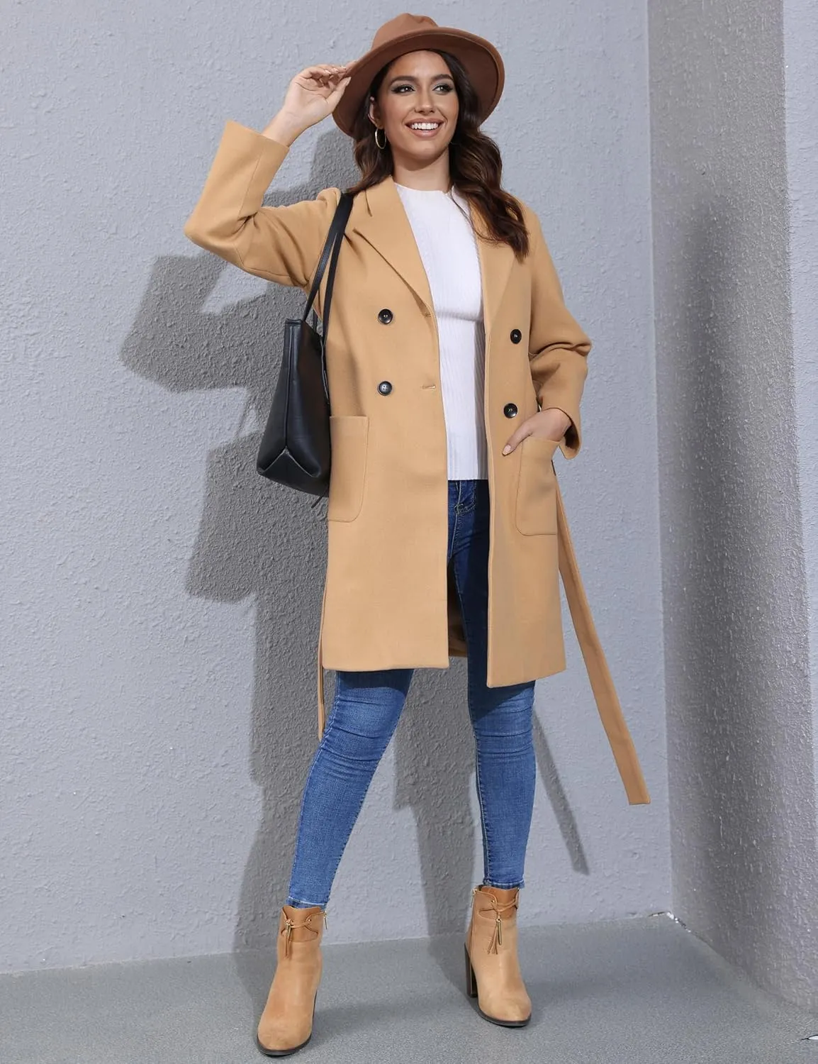 Hooever Women's Double Breasted Wool Blend Coat Winter Notched Lapel Belted Peacoat Mid Long Jacket