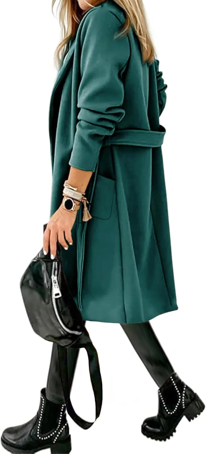 Hooever Women's Double Breasted Wool Blend Coat Winter Notched Lapel Belted Peacoat Mid Long Jacket