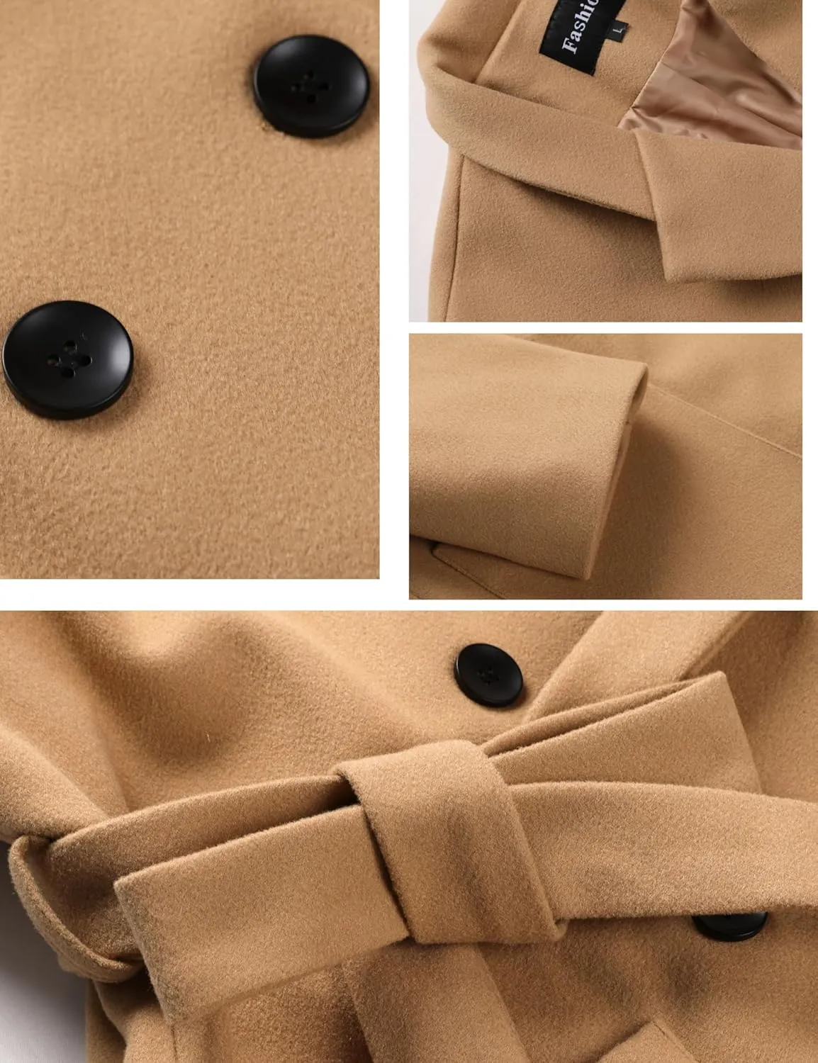 Hooever Women's Double Breasted Wool Blend Coat Winter Notched Lapel Belted Peacoat Mid Long Jacket