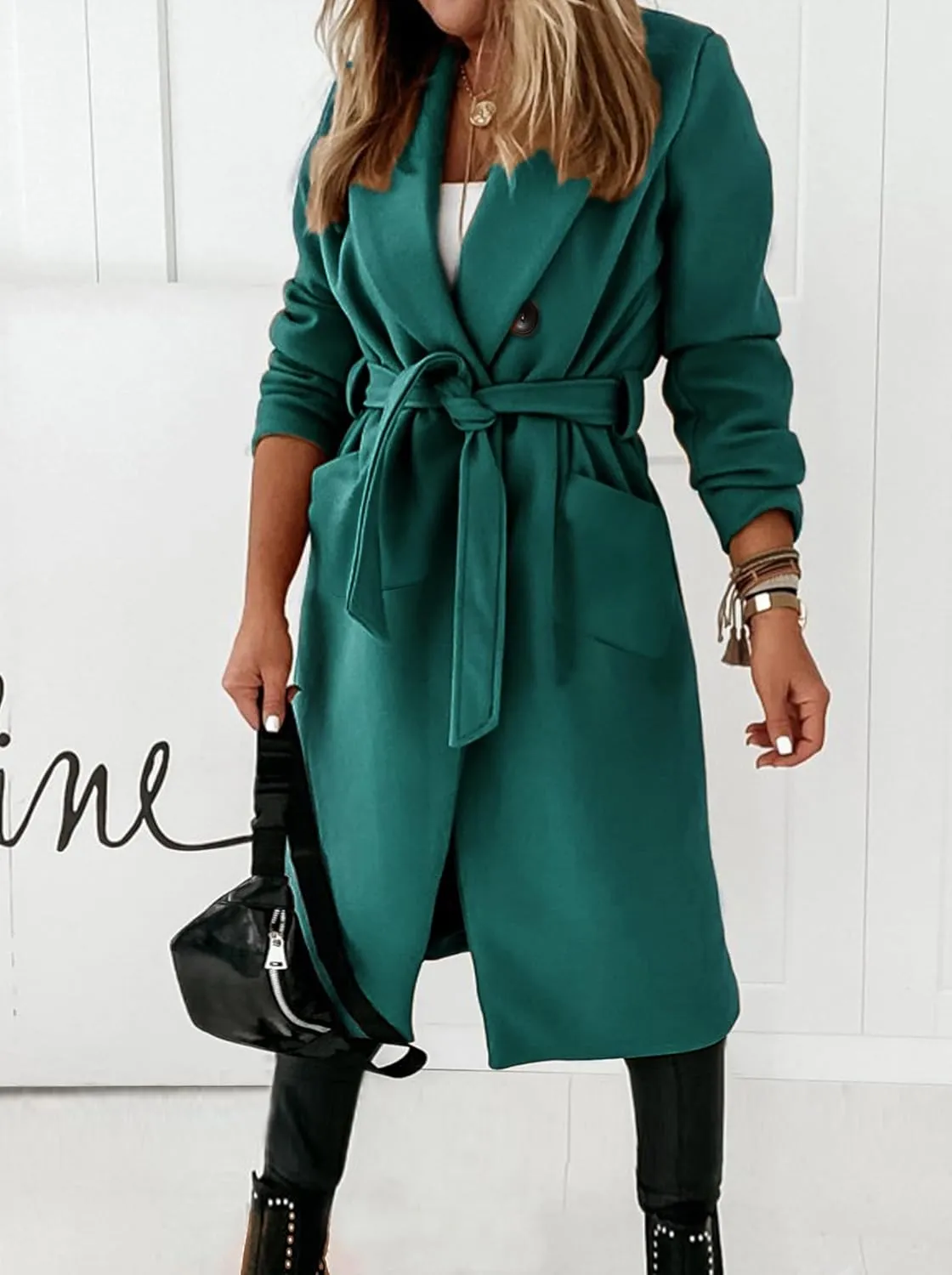 Hooever Women's Double Breasted Wool Blend Coat Winter Notched Lapel Belted Peacoat Mid Long Jacket