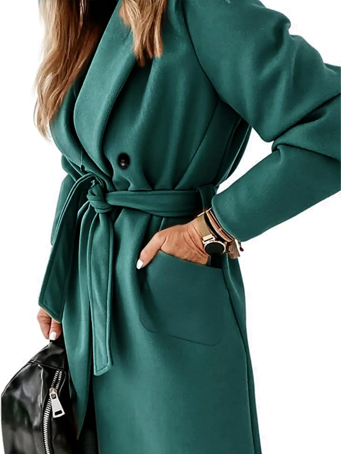 Hooever Women's Double Breasted Wool Blend Coat Winter Notched Lapel Belted Peacoat Mid Long Jacket
